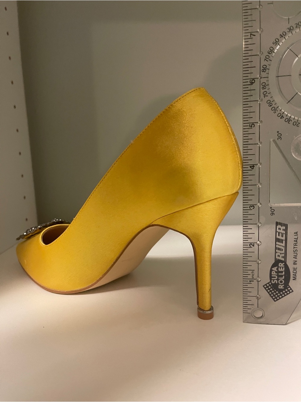 Yellow Satin Pointed Toe Pumps w Crystal Buckle, Manolo Blahnik Inspired (3.25”) - Picture 8 of 8